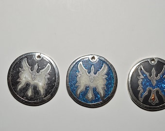 Vintage Silver Alloy Phoenix, Inlaid White Mother of Pearl, Black Glitter Pendant  (1060593A - MP5-5-03)