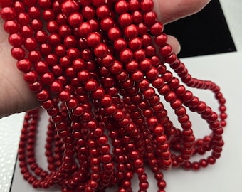 6mm Glass Pearls, Red, Pearlized Glass Beads, 1 full Strand - 16" (2014115)BayO