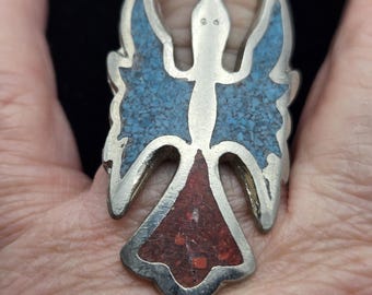 Vintage Turquoise Chip, Coral Chip, Silver Alloy Metal Ring. (1077542)BayG-Z3