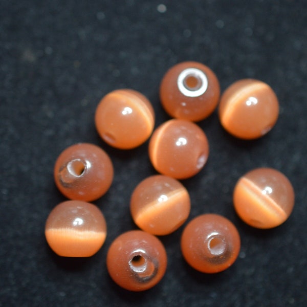 10mm Carmel-Brown Cat's Eye, Fiber Optic Glass Round  beads  (2043161) C5-1-01