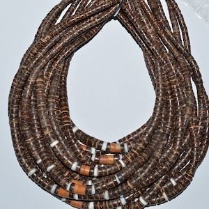 Brown Coco and White Clam Shell Heishi Beads. 16" stand. (2050016)