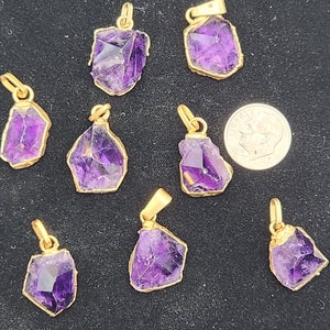 May include: Eight amethyst crystal pendants with gold-toned settings. The crystals are various shapes and sizes, and have a deep purple color.