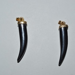 May include: Two black tooth-shaped pendants with gold-colored tops. The pendants are about 3 inches long.