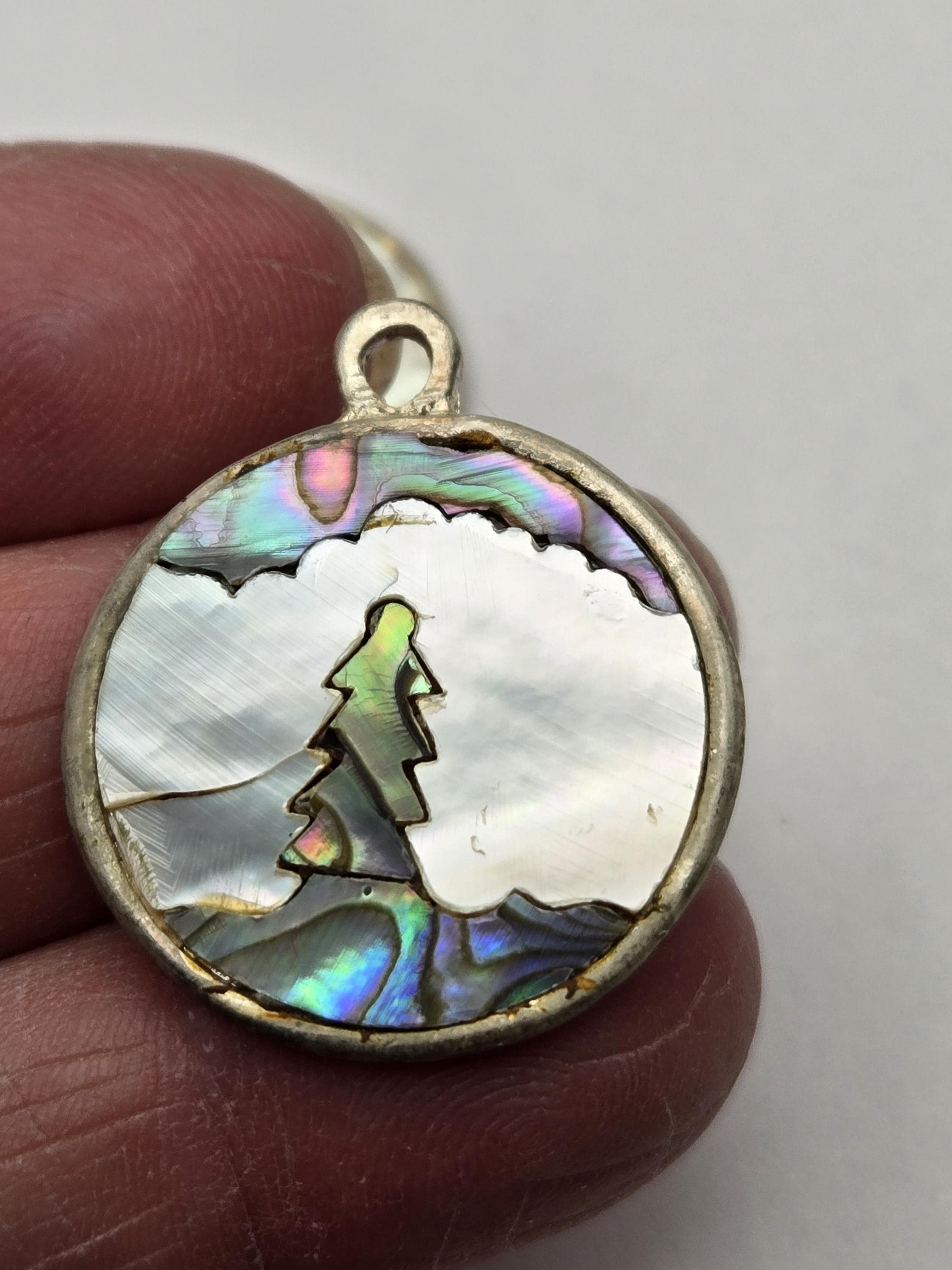 Vintage Mother of Pearl/abalone Inlaid Tree Scene Pendant