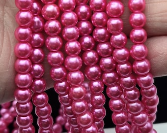 6mm Glass Pearls, Bright Pink, Pearlized Glass Beads, 1 full Strand - 16" (2014121)BayO