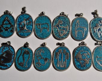 Vintage Zodiac Pendants with Turquoise chip Background (1060495 - MP3-2-02)