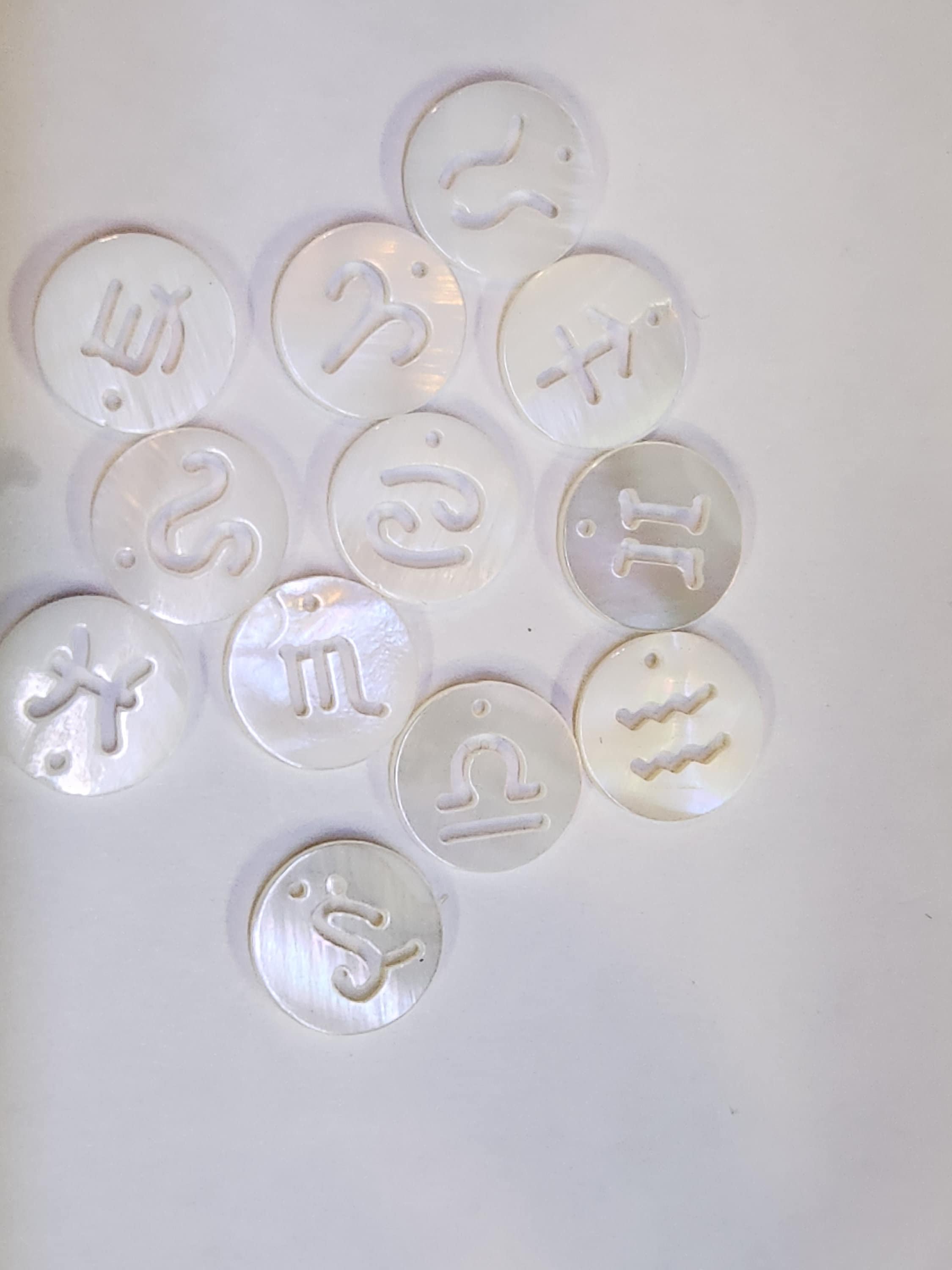 Mother-of-pearl Flat Round Zodiac Charms, Zodiac Set - 12mm