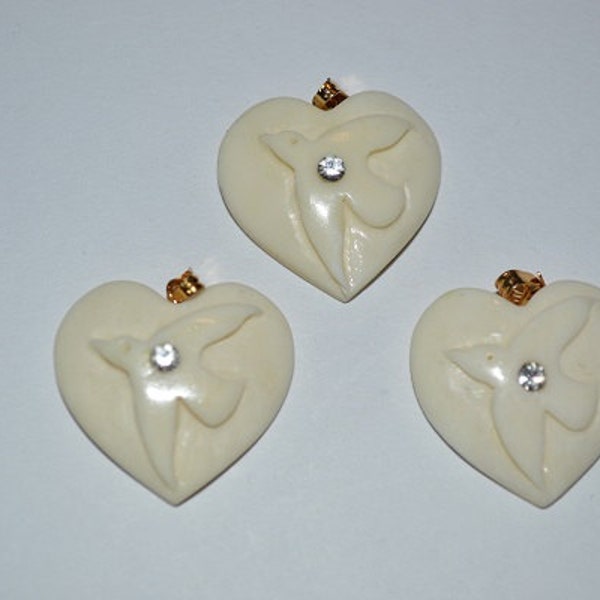 Vintage Bone Carved Heart & Dove pendant with crystal set into Dove. (1060011-BN2-1)