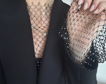 All the Luxe Rhinestone Mesh Long Sleeve Top in Black