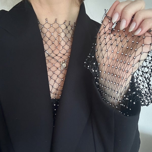 All the Luxe Rhinestone Mesh Long Sleeve Top in Black