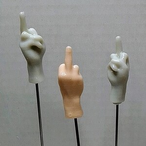 May include: A collection of five hand-shaped decorative items, each mounted on a thin metal rod. The hands are in various skin tones and gestures, including the middle finger raised and the index finger pointing up. The background is a neutral gray.