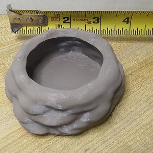 May include: A gray, 3D-printed bowl with a textured, rock-like exterior. The bowl is approximately 2 inches in diameter. The interior is smooth and circular. A yellow measuring tape is in the background.
