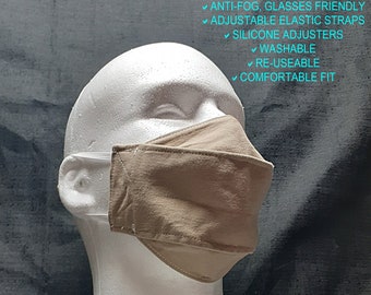 Face Mask Adult size 8"x5.5", 3-D, Anti-Fog Glasses Friendly, Tan with White Item#20, Adjustable Elastic Straps Washable, Reusable