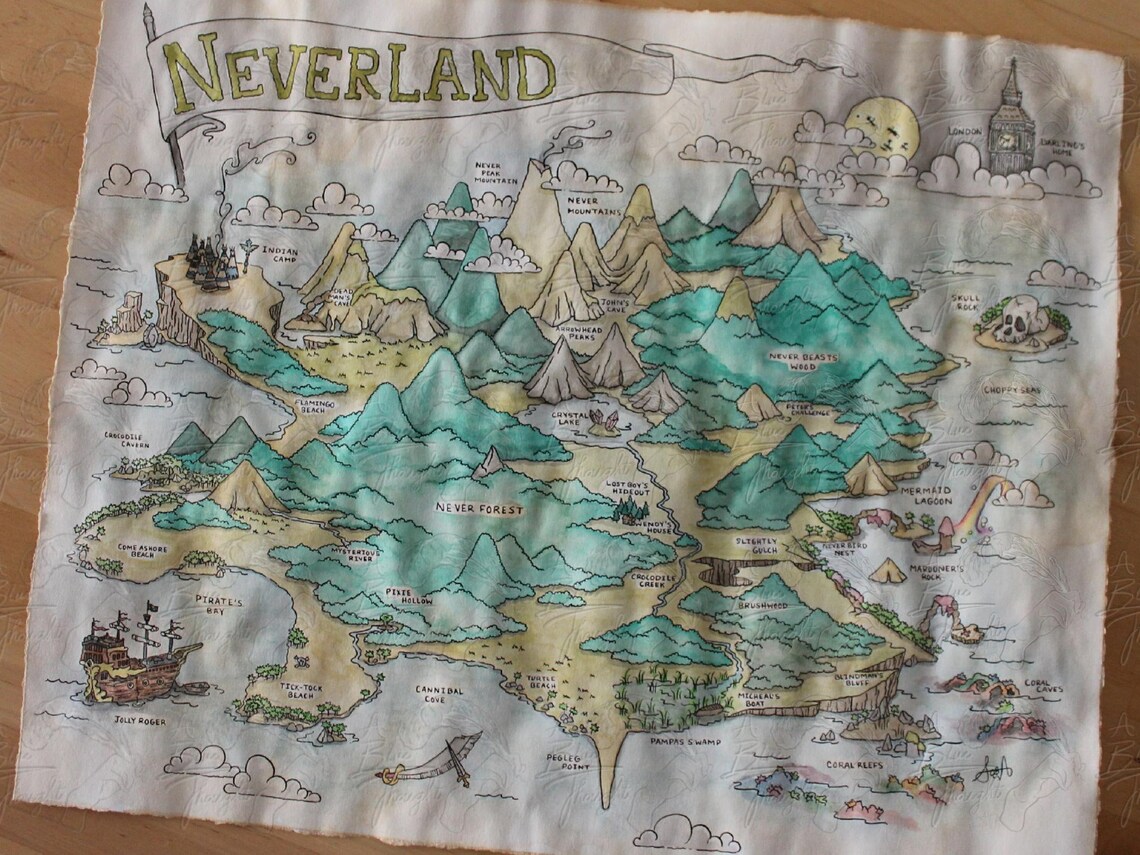 Neverland Magical Map Illustration Peter Pan - Etsy
