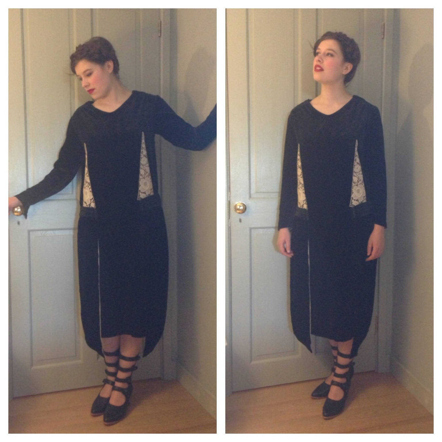 Image of Delightful S Antique Flapper Vintage Black Velvet & Cream Silk Lace Dress With Lots Of Button Details~ Very Stylish Wearable