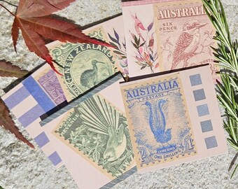 Vintage Australia & New Zealand Stamp Greeting Cards, Handmade Tiny Cards