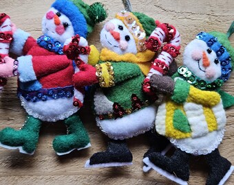 Christmas Felt Ice Skating Snowman with Candy Cane Ornament - Sold Individually
