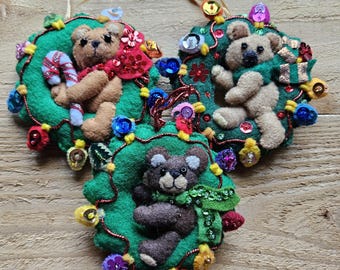 Stuffed Felt Christmas Wreath Ornament with Bear - Sold individually