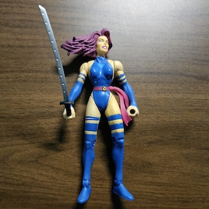May include: A blue action figure of a female character with purple hair, holding a silver sword. The figure wears a blue bodysuit with yellow accents and a pink sash. The figure is approximately 6 inches tall.