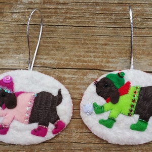 Könnte beinhalten: Zwei Hunde-Weihnachtsbaumschmuck aus Filz. Einer ist rosa mit Hut und Pailletten, der andere grün. Beide befinden sich auf weißen, kreisförmigen Hintergründen mit silbernen Aufhängeschnüren.