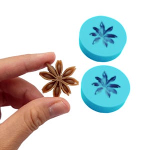 Puede incluir: Dos moldes de silicona azul para hacer formas de anís estrellado. Un molde se muestra con un anís estrellado marrón.