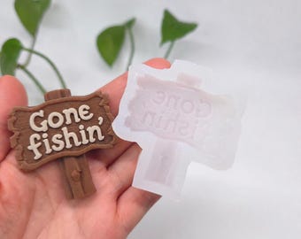 Gone Fishin Sign Silicone Mold – Rustic Fishing Sign Mold – Fishing Theme Cake Topper, Wax, Soap & Resin Craft Mold