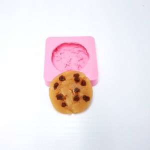 May include: A light brown, round cookie with dark brown chocolate chips next to a pink silicone mold in the shape of a cookie. The cookie is on a white surface.