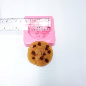 May include: A light brown chocolate chip cookie next to a pink silicone mold. The cookie has dark brown chocolate chips. A ruler is placed over the mold, which is approximately 4 inches in diameter.