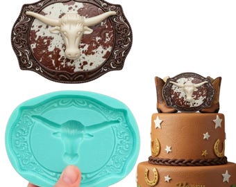 Western Longhorn Silicone Mold | Cake Decorating Fondant Mold | Chocolate & Sugar Art Mold Cowboy Belt Buckle Cake Topper nck2