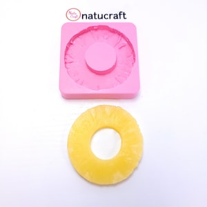 May include: Pink silicone mold for making pineapple slices. The mold is square and has a single cavity shaped like a pineapple ring. A yellow pineapple slice is shown next to the mold.