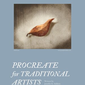 Könnte beinhalten: Ein digitales Kunstbuchcover mit einer detaillierten Illustration eines getrockneten Blattes in Braun- und Orangetönen vor einem strukturierten grauen Hintergrund. Der Titel "PROCREATE for TRADITIONAL ARTISTS" ist in eleganter weißer Schrift dargestellt.