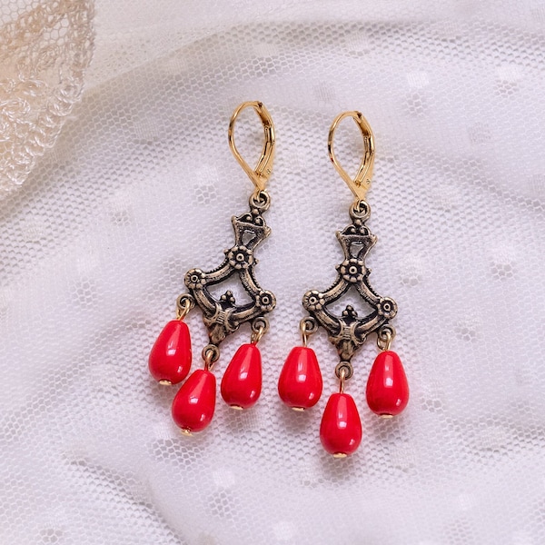 Earrings with Three Coral Red Drops. Antique Gold. Regency, 18th Century, 19th Century, Georgian, Victorian, Historical Reproduction.