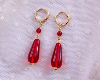 Red Teardrop Dangle Hoop Earrings. Ruby Glass, Gold. 18th Century, Regency, 19th Century, Georgian, Victorian, Historical Reproduction