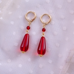 Red Teardrop Dangle Hoop Earrings: Ruby Glass, Gold, Regency Historical Reproduction