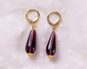 Purple Teardrop Hoop Earrings. Dark Amethyst Glass, Gold. 18th Century, Regency, 19th Century, Georgian, Victorian, Historical Reproduction.
