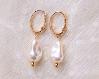 Baroque Pearl Teardrop Hoop Earrings. Gold, Cream, Ivory. 17th, 18th, 19th Century, Elizabethan, Cavalier, Georgian, Historical Reproduction