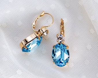 Aquamarine and Crystal Rhinestone Earrings. Clear, Light Blue, Gold. 18th Century, Regency, Georgian, Victorian, Historical Reproduction.