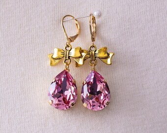 Pink Teardrop Earrings with Gold Bows. Light Rose Rhinestones. 18th Century, Rococo, Georgian, Regency, Victorian, Historical Reproduction.