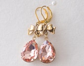 18th Century Reproduction Peach Pink Rhinestone Bow Drop Earrings. Champagne Paste Glass. Rococo, Georgian, Regency, Historical.