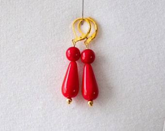 Red Teardrop Dangle Earrings. Coral-Colored Glass, Gold. Regency, 18th Century, 19th Century, Georgian, Victorian, Historical Reproduction.