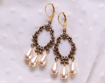 Cream Pearl Teardrop and Gold Wreath Girandole Earrings: 18th Century/Regency Historical Reproduction