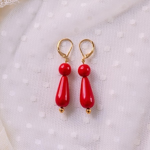 Red Teardrop Earrings. Coral-Colored Glass, Gold, Optional Clip-On. Regency, 18th Century, 19th Century, Victorian, Historical Reproduction.