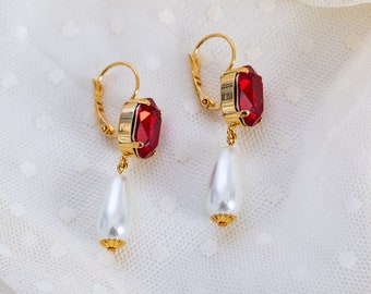 Red Rhinestone and Pearl Teardrop Earrings. Siam Ruby Glass, White, Gold. 18th Century, Rococo, Regency, Victorian, Historical Reproduction.
