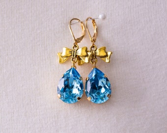 Light Blue Teardrop Earrings with Gold Bows: Aquamarine Rhinestones, 18th Century/Victorian Historical Reproduction