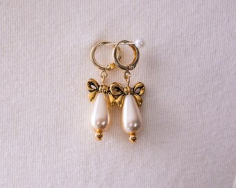 Pearl Teardrop Hoop Earrings with Gold Bows. Cream, Ivory. Regency, 18th Century, 19th Century, Georgian, Victorian, Historical Reproduction