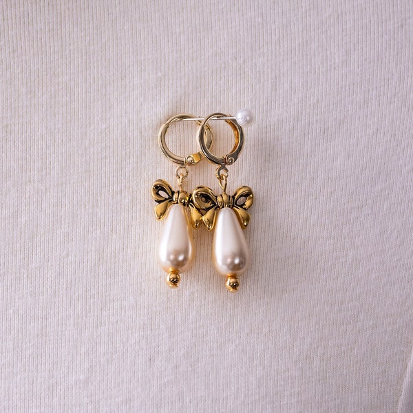 Pearl Teardrop Hoop Earrings with Gold Bows. Cream, Ivory. Regency, 18th Century, 19th Century, Georgian, Victorian, Historical Reproduction