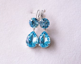 Light Blue Rhinestone Dangle Earrings. Aquamarine Teardrops, Silver. Regency, 18th Century, Victorian, Georgian, Historical Reproduction.