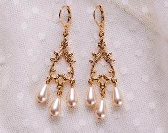 Pearl Teardrop Girandole Earrings. Cream, Ivory, Gold. Regency, 18th Century, 19th Century, Georgian, Victorian, Historical Reproduction.