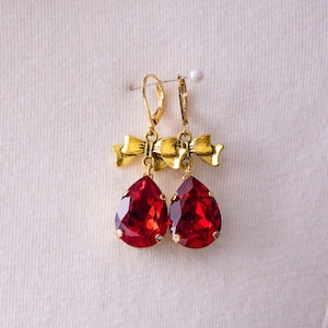 Ruby Red Teardrop Earrings with Gold Bows: 18th Century/Regency, Victorian Historical Reproduction