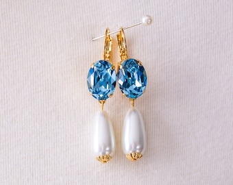 Aquamarine Rhinestone and Pearl Teardrop Earrings. Light Blue Glass, Gold. 18th Century, Regency, Rococo, Victorian, Historical Reproduction